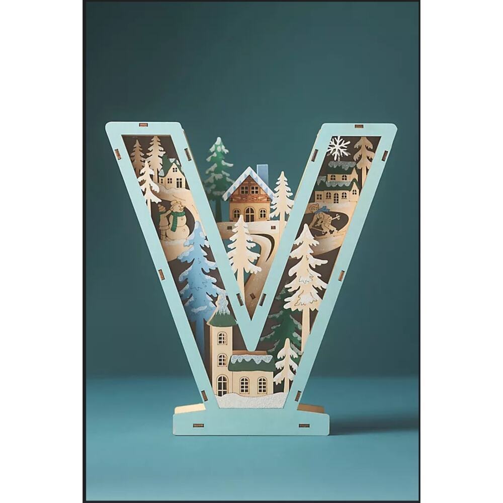 nthropologie Wonderland Scene Monogram Initial Letter V Christmas Holiday light